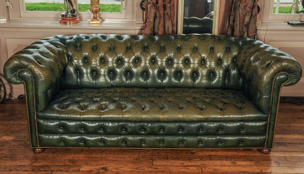Vintage Green Leather Chesterfield Sofa At 1stdibs