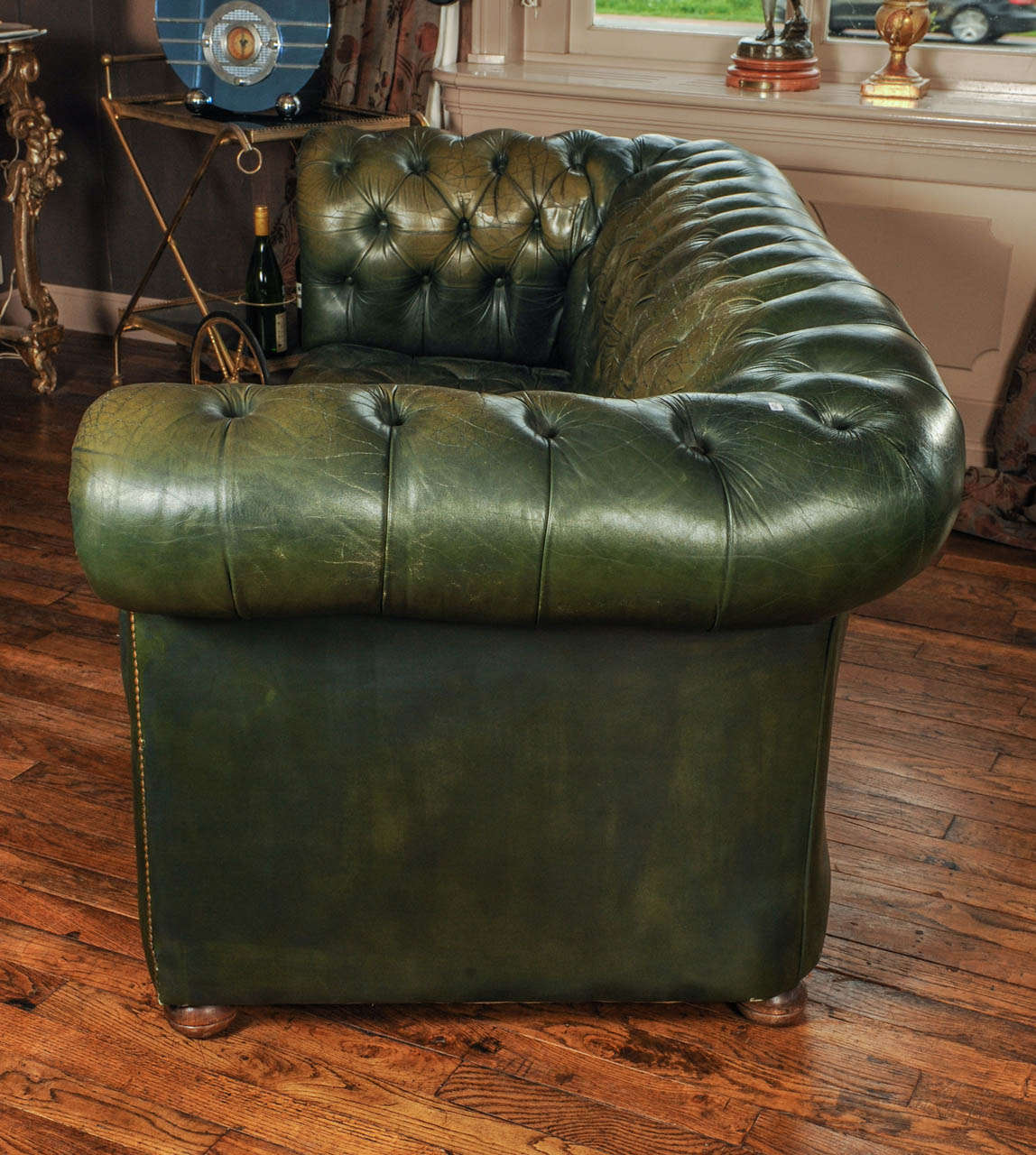 British Vintage Green Leather Chesterfield Sofa