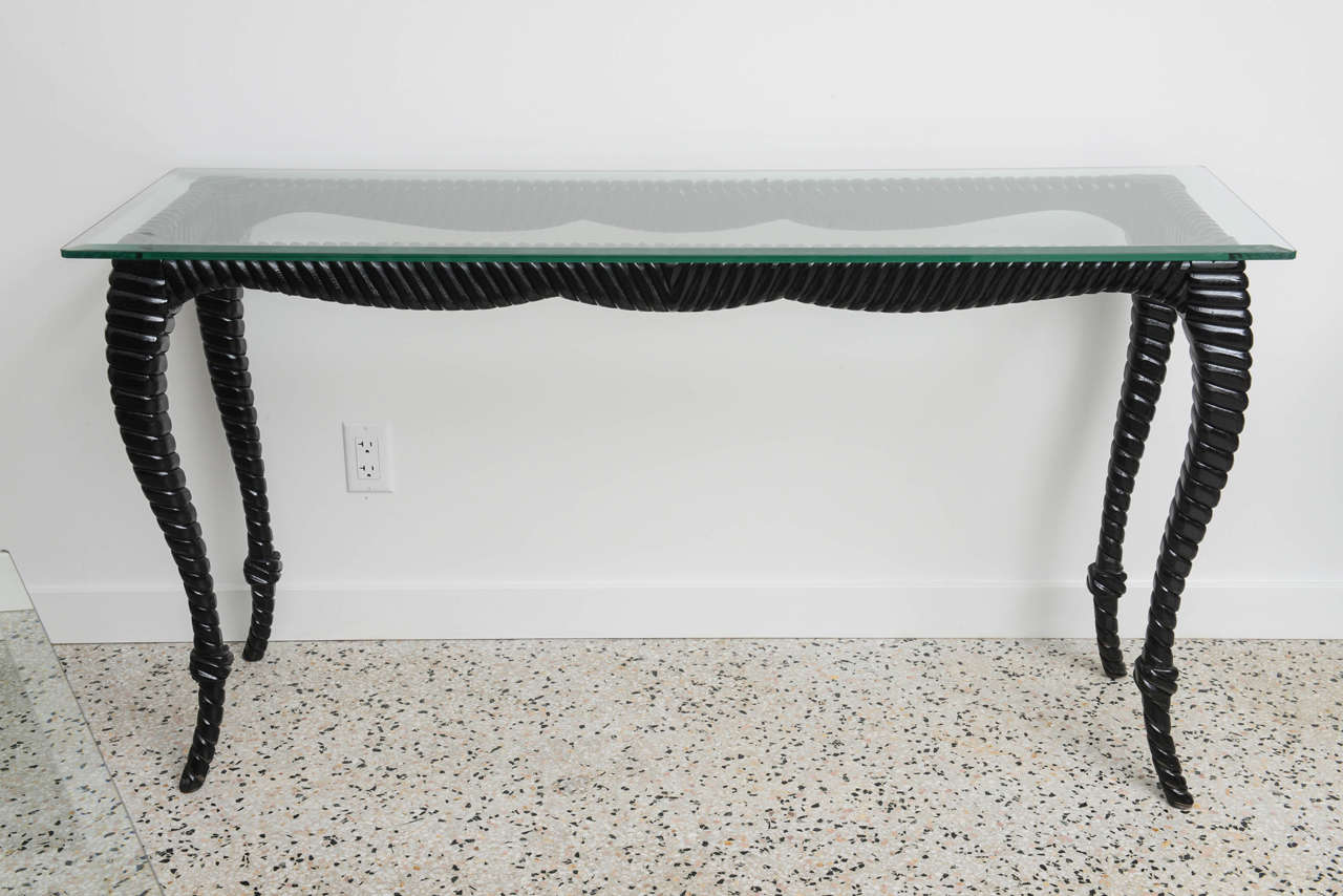 1940's wood rope console table with a glass top.  Glass measures 56