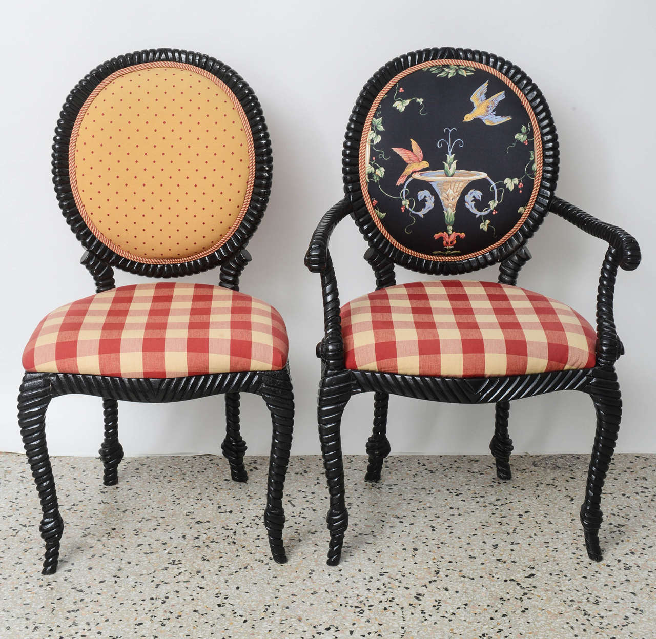 Fabric Set of Eight Dining Chairs & Table Hollywood-Regency Style, Rope/Tassel Motif