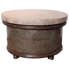 French Footed Barrel End Tables with Thick Limestone Tops