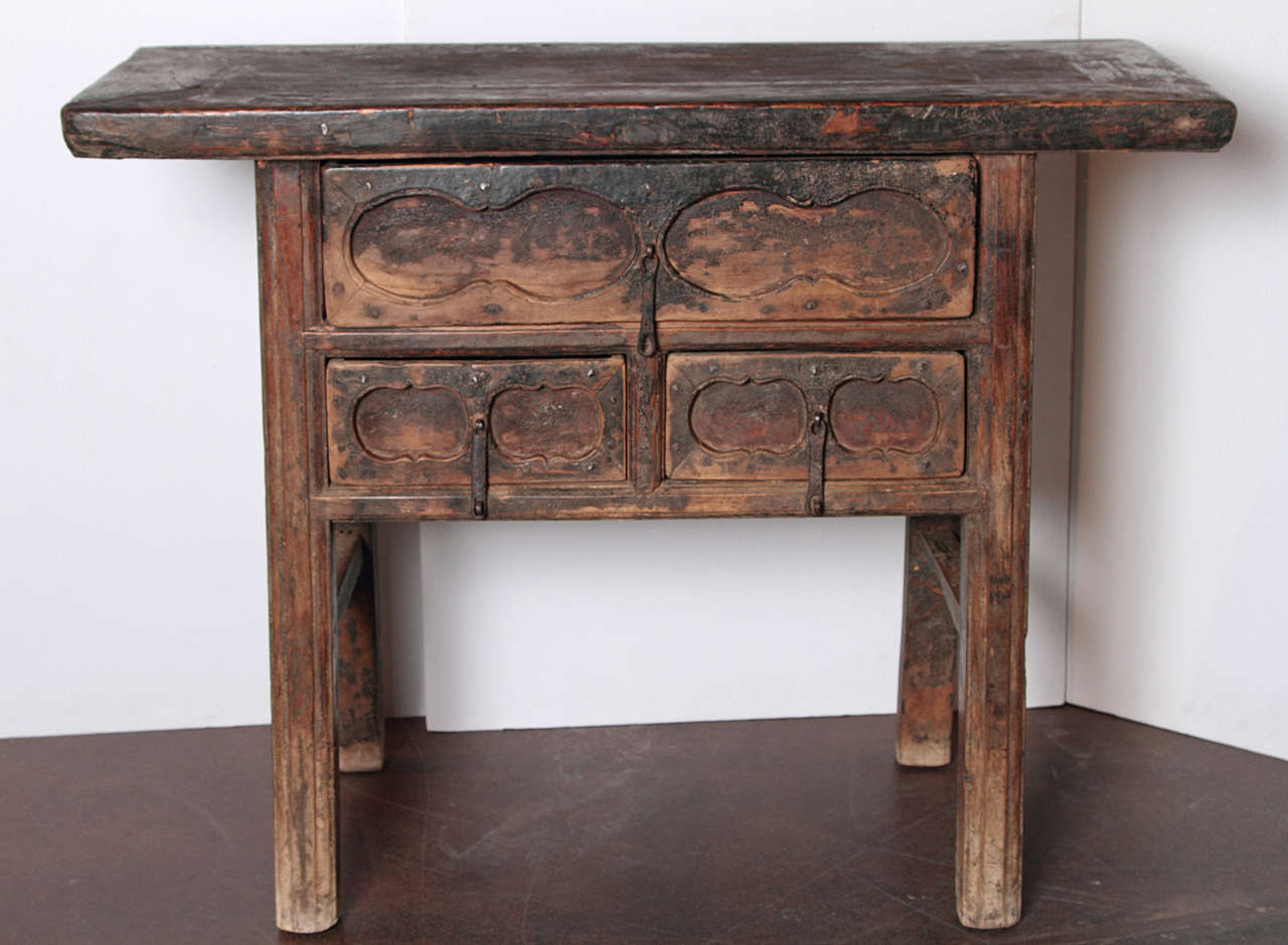 Antique Elm Brown Small 3 Drawer Side Table  3