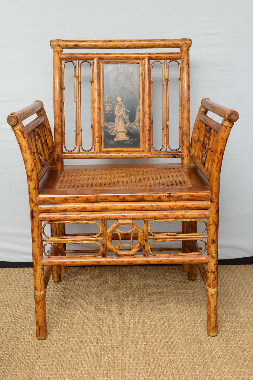 Fine English bamboo decorated chair with cane seat and Japannning lacquer panel.