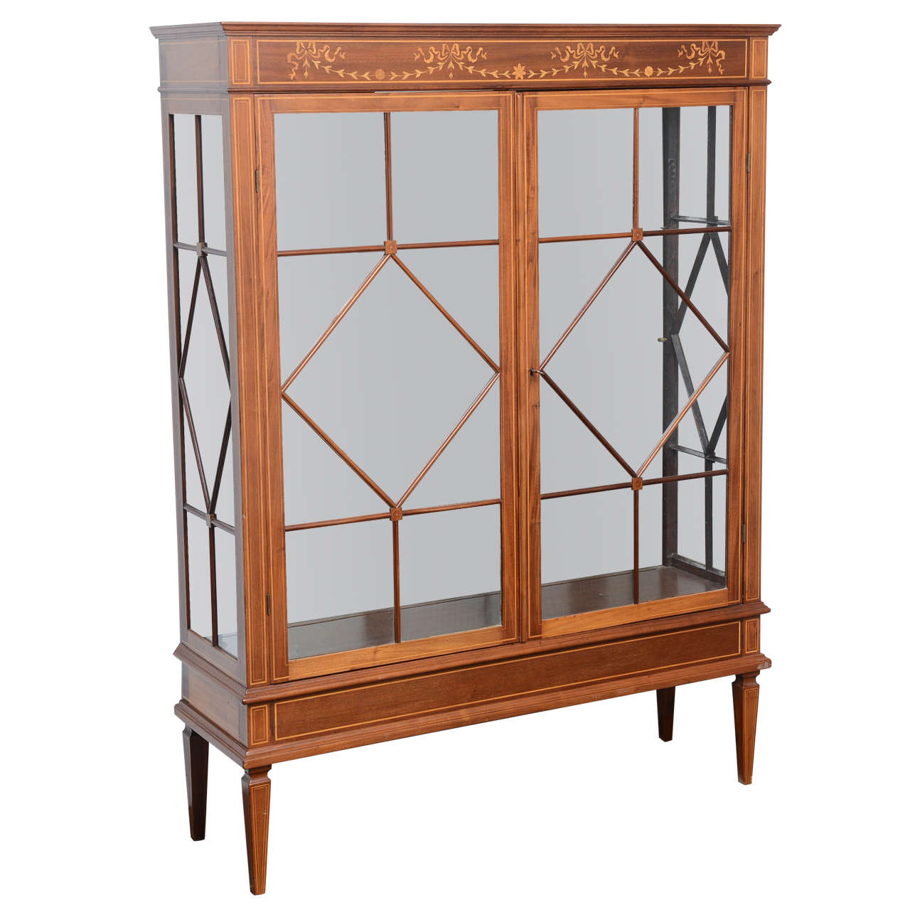 Antique Mahogany Display Cabinet Made in England, Satinwood Inlay