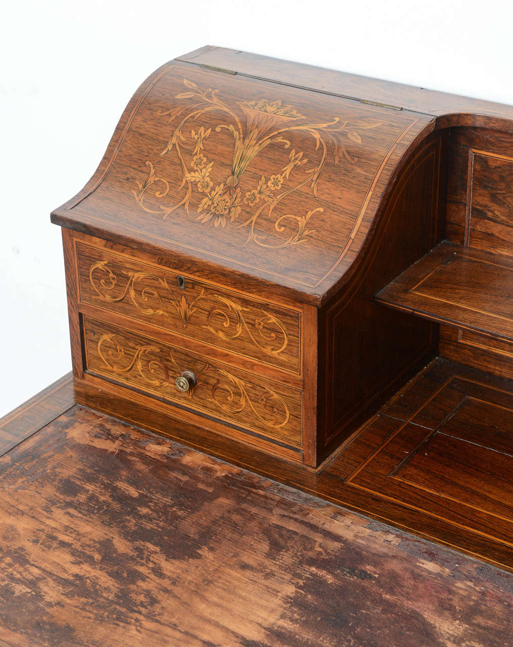 English Antique Rosewood Lady's Writing Desk with Marquetry Inlay at