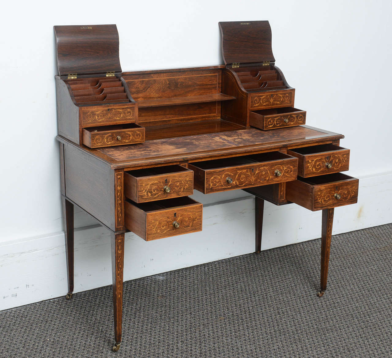 English Antique Rosewood Lady's Writing Desk with Marquetry Inlay at