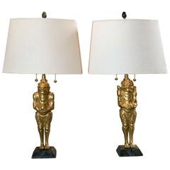 Bronze "Oni" Form Candlesticks, Turned Lamps