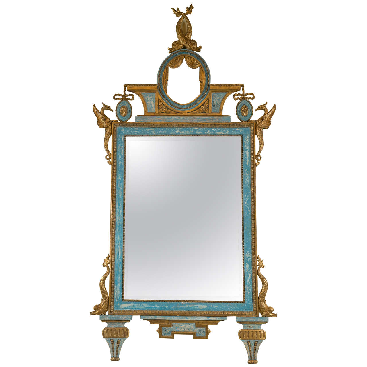 Miroir d'apparence italien en verre doré et peint en bleu