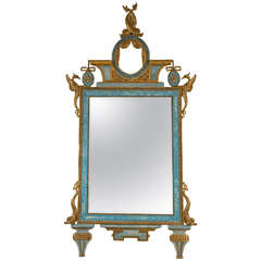 Gilt and Blue Painted Italian Looking Glass Mirror