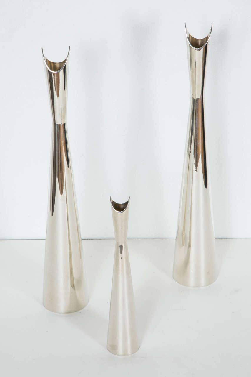 French Three “Cardinal” Silvered Metal Vases by L. Sabattini for Christofle, 1970 For Sale
