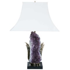 Gilt Brass Table Lamp with Amethyst Geode, by Duval-Brasseur, France, 1970s