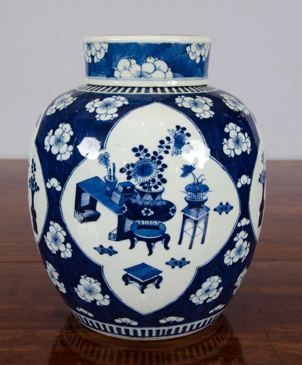 Pottery Chinese Blue and White Lidded Ginger Jar
