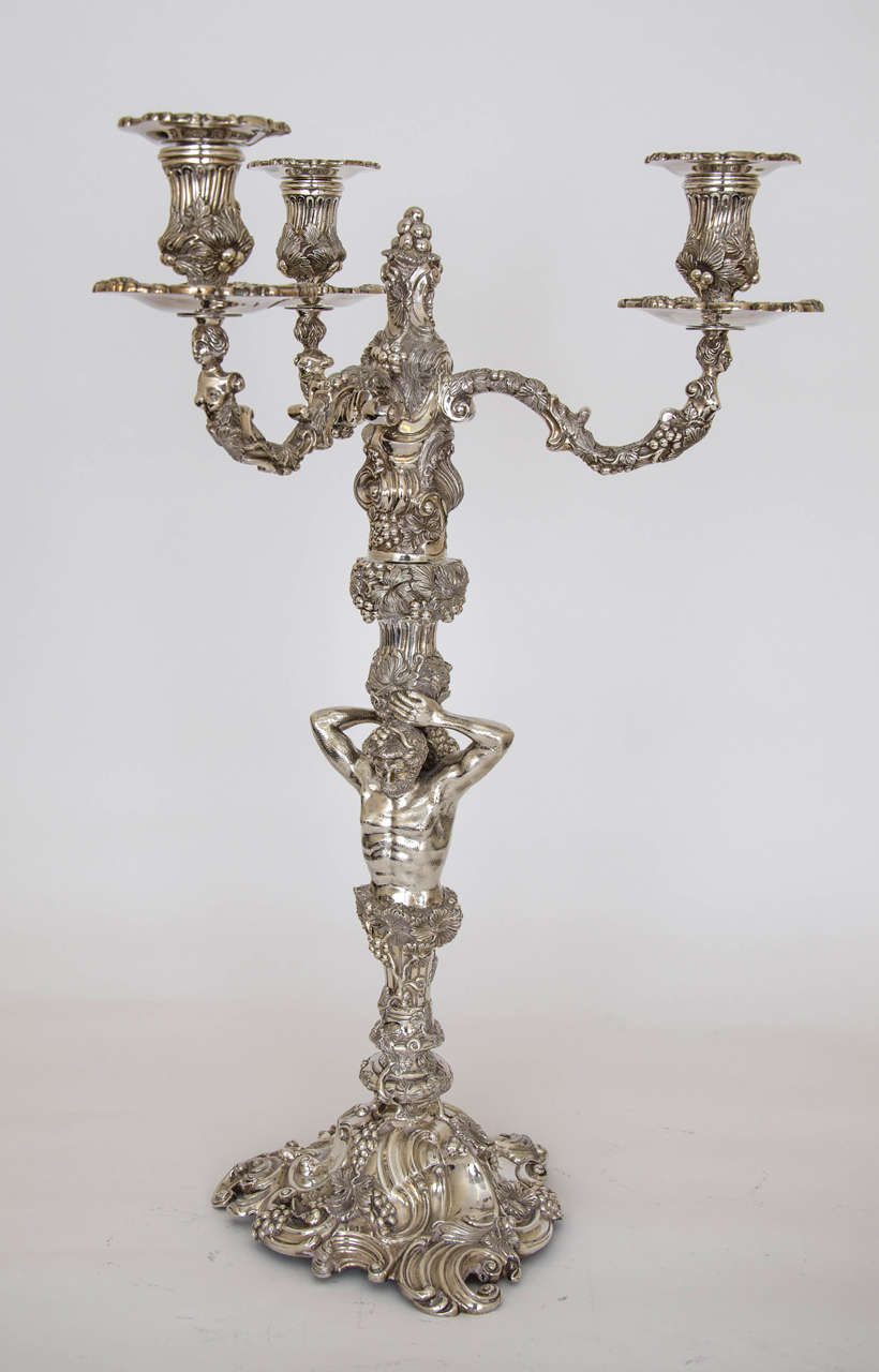 Pair of Sterling Silver Rococo Style Three-Light Candelabra