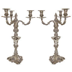 Pair of Sterling Silver Rococo Style Three-Light Candelabra