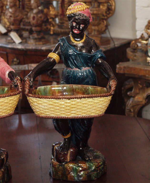 19th Century Pair Of French Majolica Black Figures Sitting On Cotton Bales