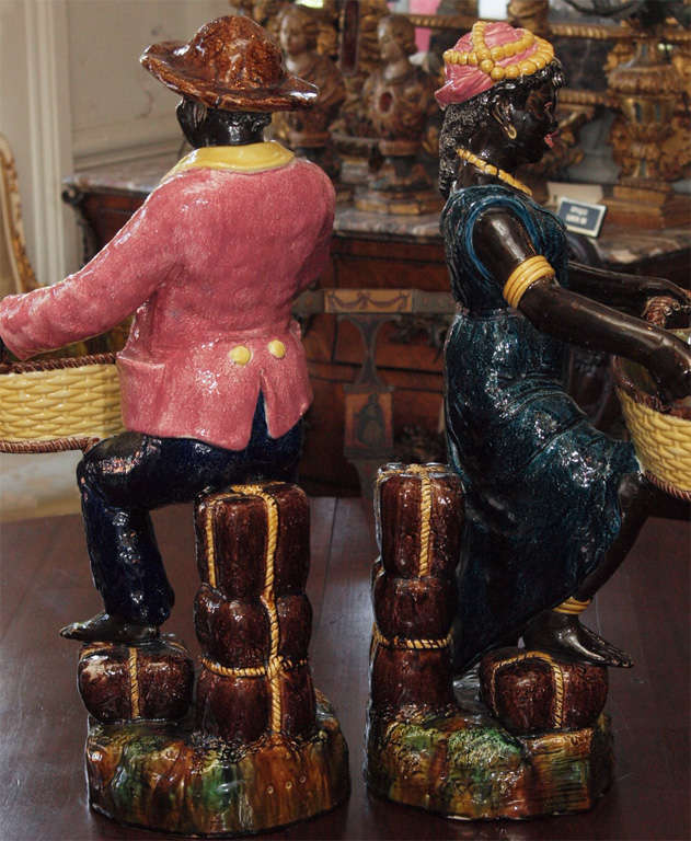 Pair Of French Majolica Black Figures Sitting On Cotton Bales 5