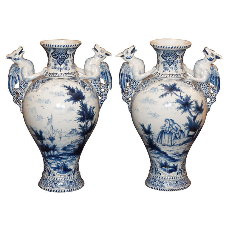 Pair Of Early 19th C. Delft Vase