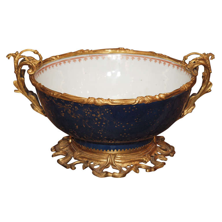 18th C.  CHINESE EXPORT  MANDRIAN BLEU MOUNTED BOWL For Sale