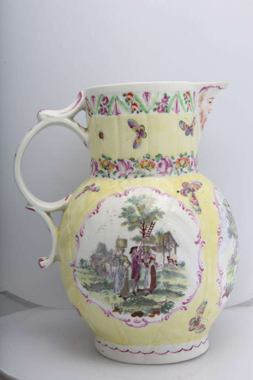 Rare First Period Worcester Porcelain Yellow Ground mask Jug For Sale 2