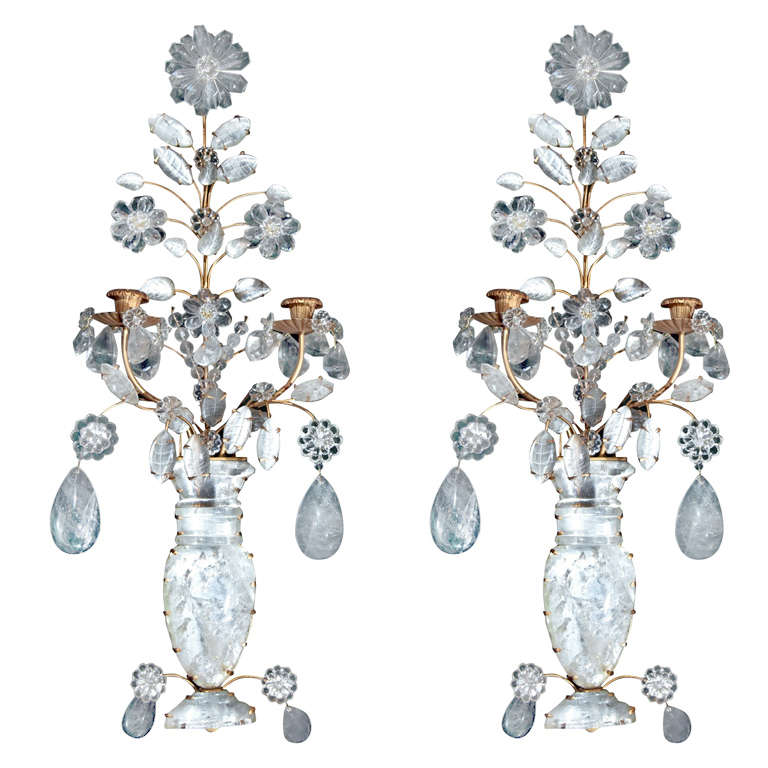 Pair 2 Light Rock Crystal Wall Sconces For Sale