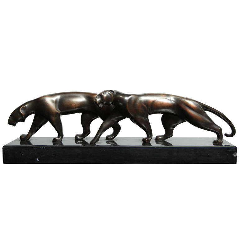 Panthergruppe aus Bronze im Art déco-Stil von Michel Decoux