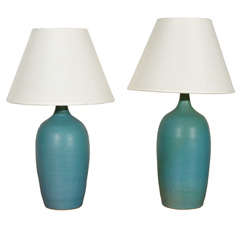 Pair of Vintage Aqua Pottery Table Lamps