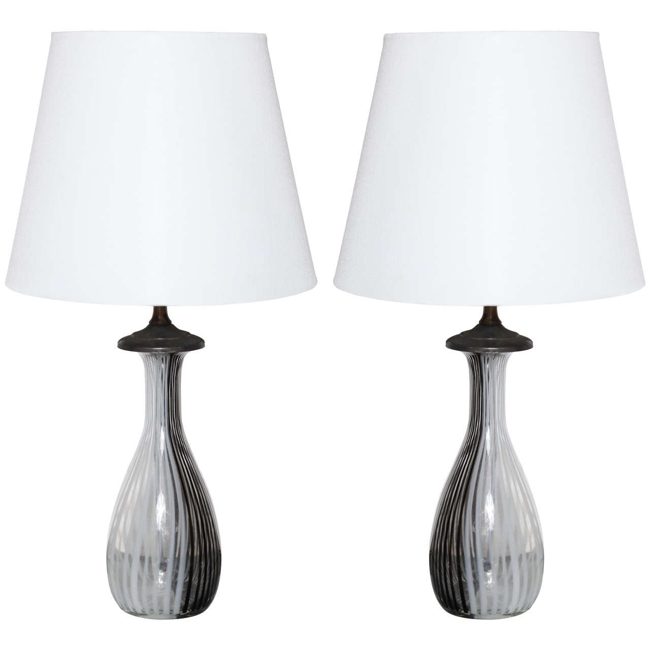 Pair of Black and White Stripe Murano Glass Table Lamps For Sale