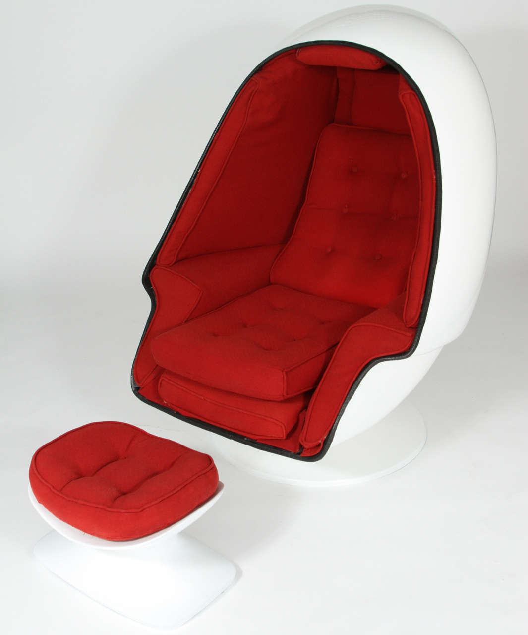 Rare vintage fiberglass egg shaped speaker chair and ottoman.  
  Control panel with metal label: 