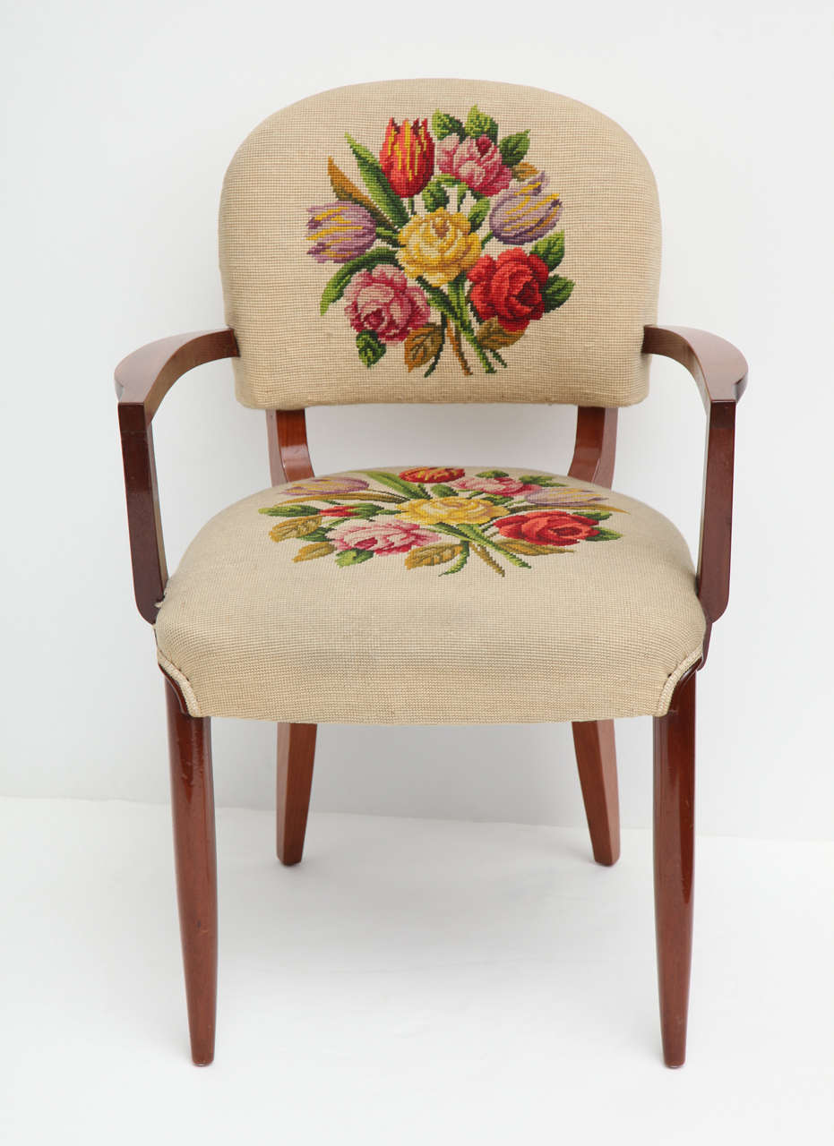 Armchair with original embroidered upholstery by Jules Leleu 

Numbered on back left leg: 16974

This model of chair is illustrated in Leleu - 50 ans de mobilier et de décoration 1920-1970. Paris: Somogy Editions d’art, 2007. 92.