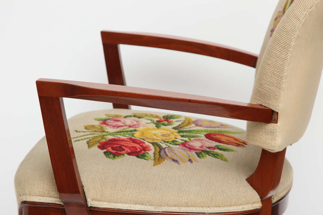 Mahogany Armchair with Original Embroidered Upholstery by Jules Leleu