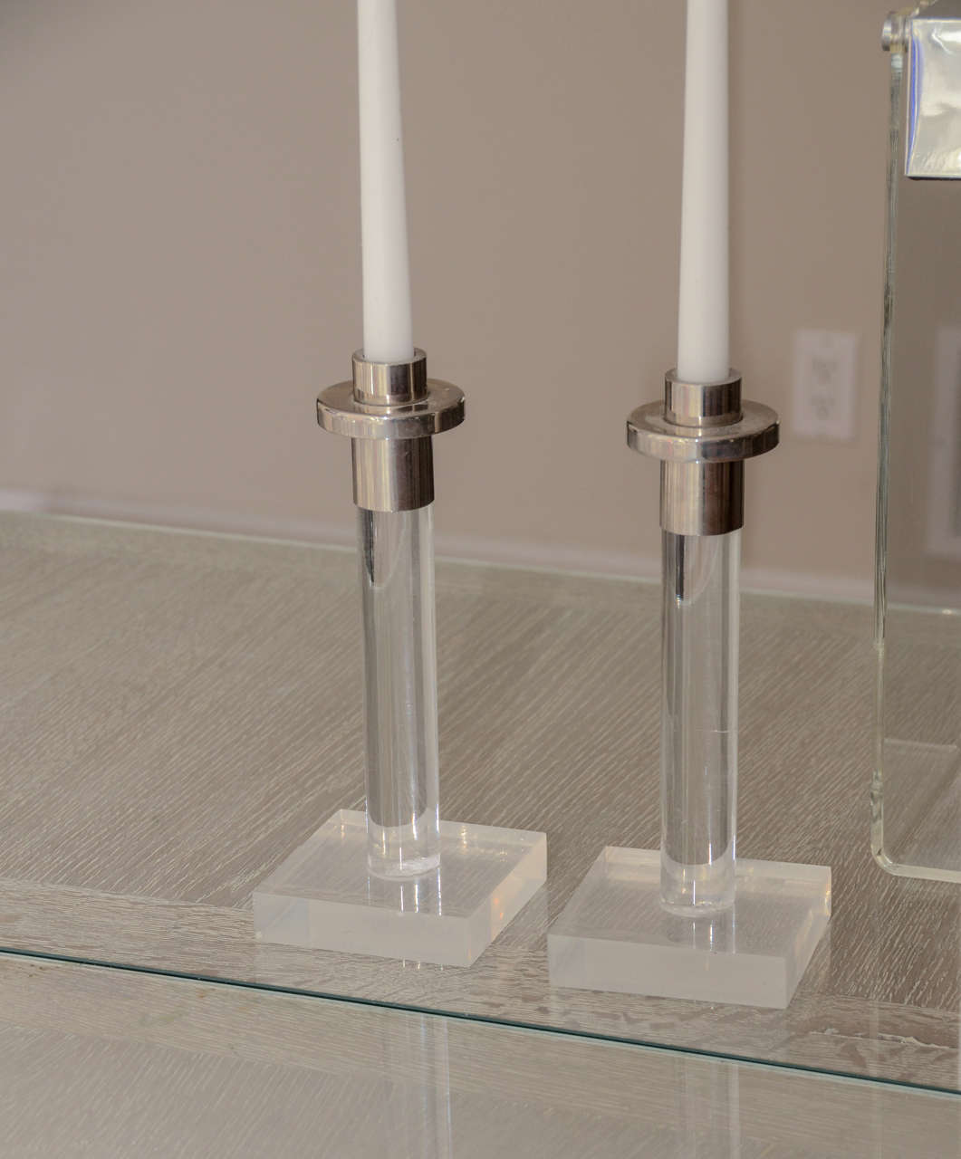 Late 20th Century Lucite Standing Ashtray & Pair of Candlesticks For Sale