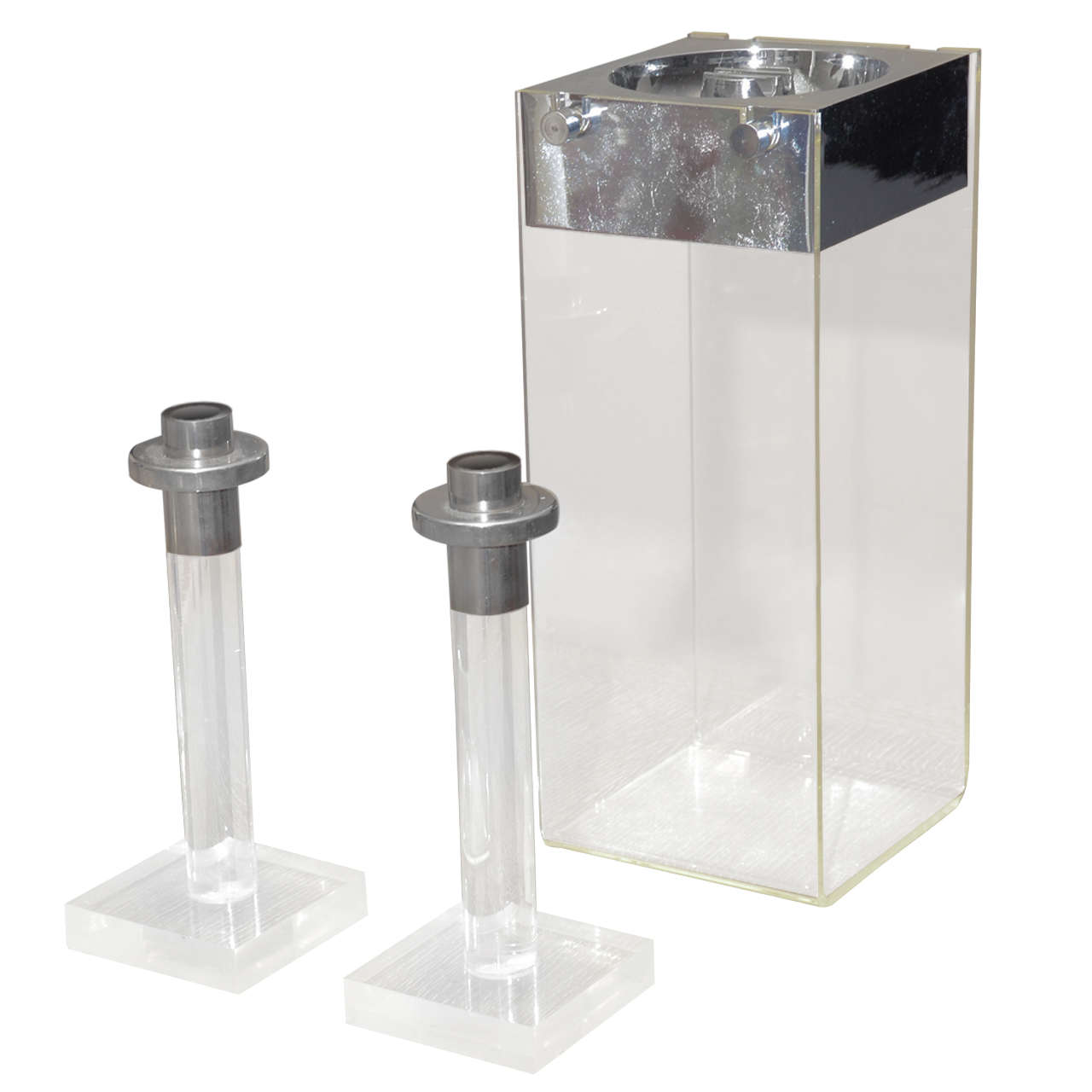 Lucite Standing Ashtray & Pair of Candlesticks For Sale