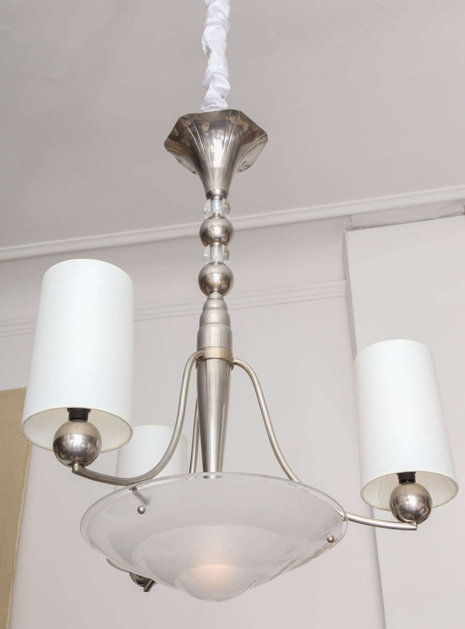 Frosted Ceiling Fixture Art Deco polished nickel and frosted glass German 1920's For Sale