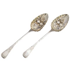 Rare Pair of Exeter Sterling Silver Parcel-Gilt Georgian Berry Spoons