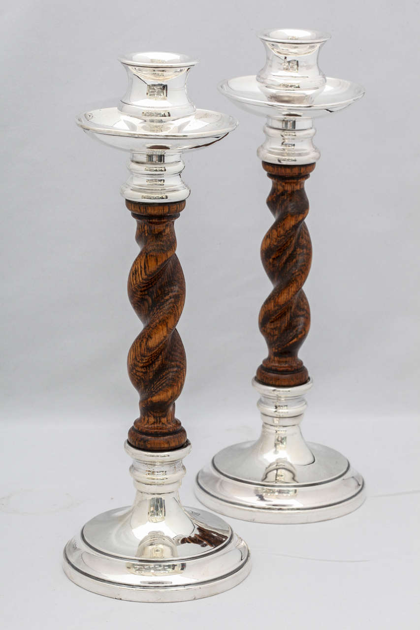 Rare pair of beautiful, sterling silver-mounted oak 