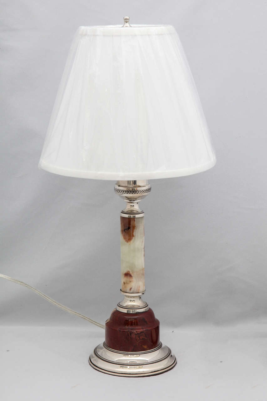 Continental (.800) silver-mounted marble table lamp, Italy, circa 1950's. Measures: @16 3/4 inches high (to top of finial) x @4 1/4 inches in diameter across base. Excellent condition.