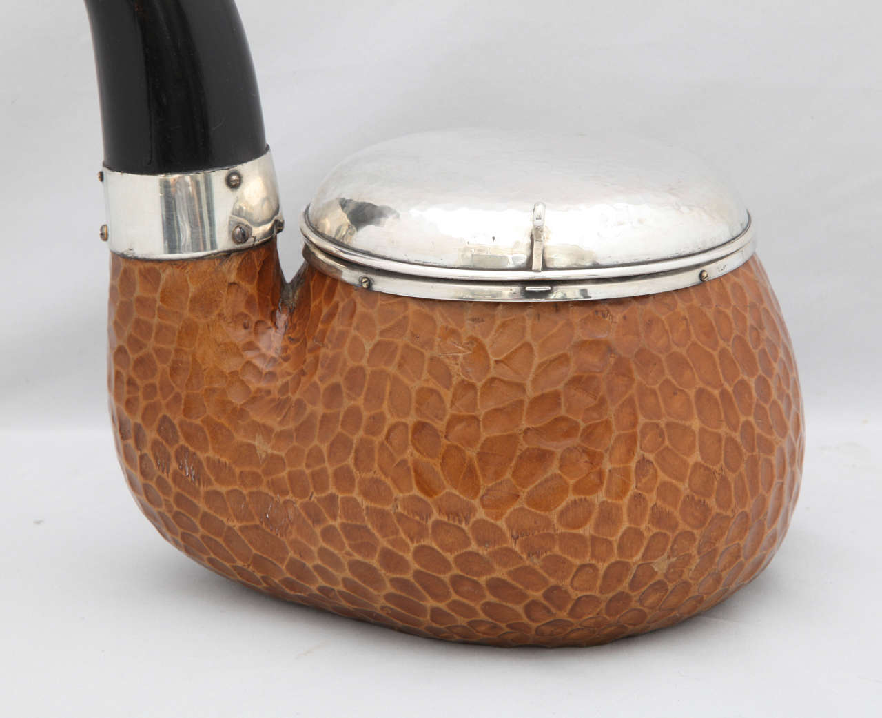 Italian Unusual, Large, Continental Silver (.800) -Mounted Wood Pipe-Form Humidor
