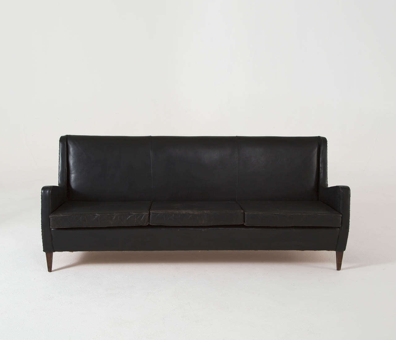 Mid-Century Modern Three-Seat Sofa in Original Black Leather, Denmark, Circa 1950's