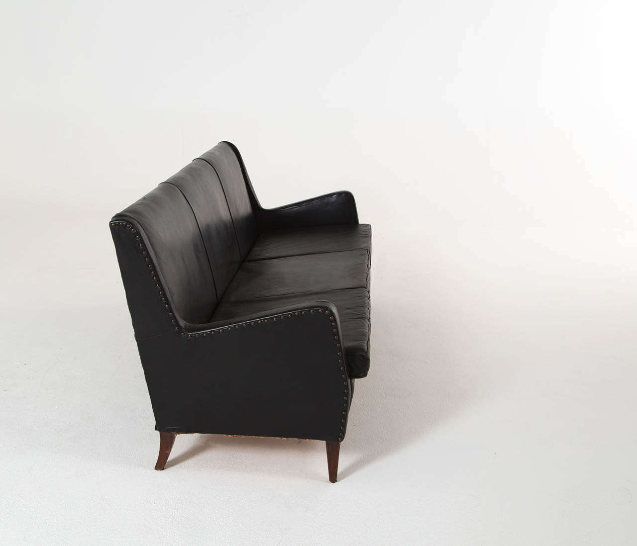 Danish Three-Seat Sofa in Original Black Leather, Denmark, Circa 1950's