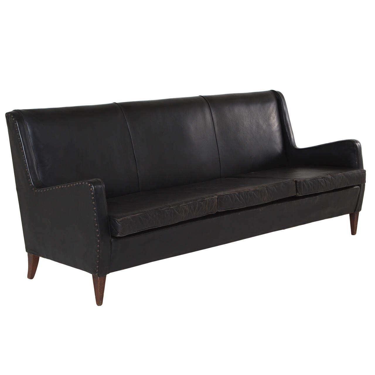 Three-Seat Sofa in Original Black Leather, Denmark, Circa 1950's