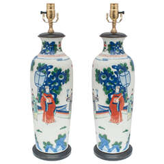 Pair of Chinese Export Porcelain Polychrome Urns Mounted as Lamps