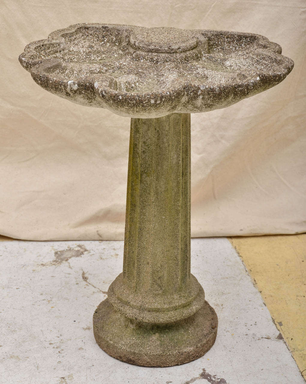 Very Decorative American 1940's Scallop Shell Cement Bird Bath On A Tapering Fluted Column. Beautiful Old Weathered Patina.