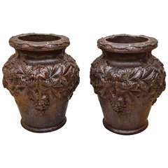 English Victorian Salt Glazed Urns With Embossed Grape Clusters & Leavess