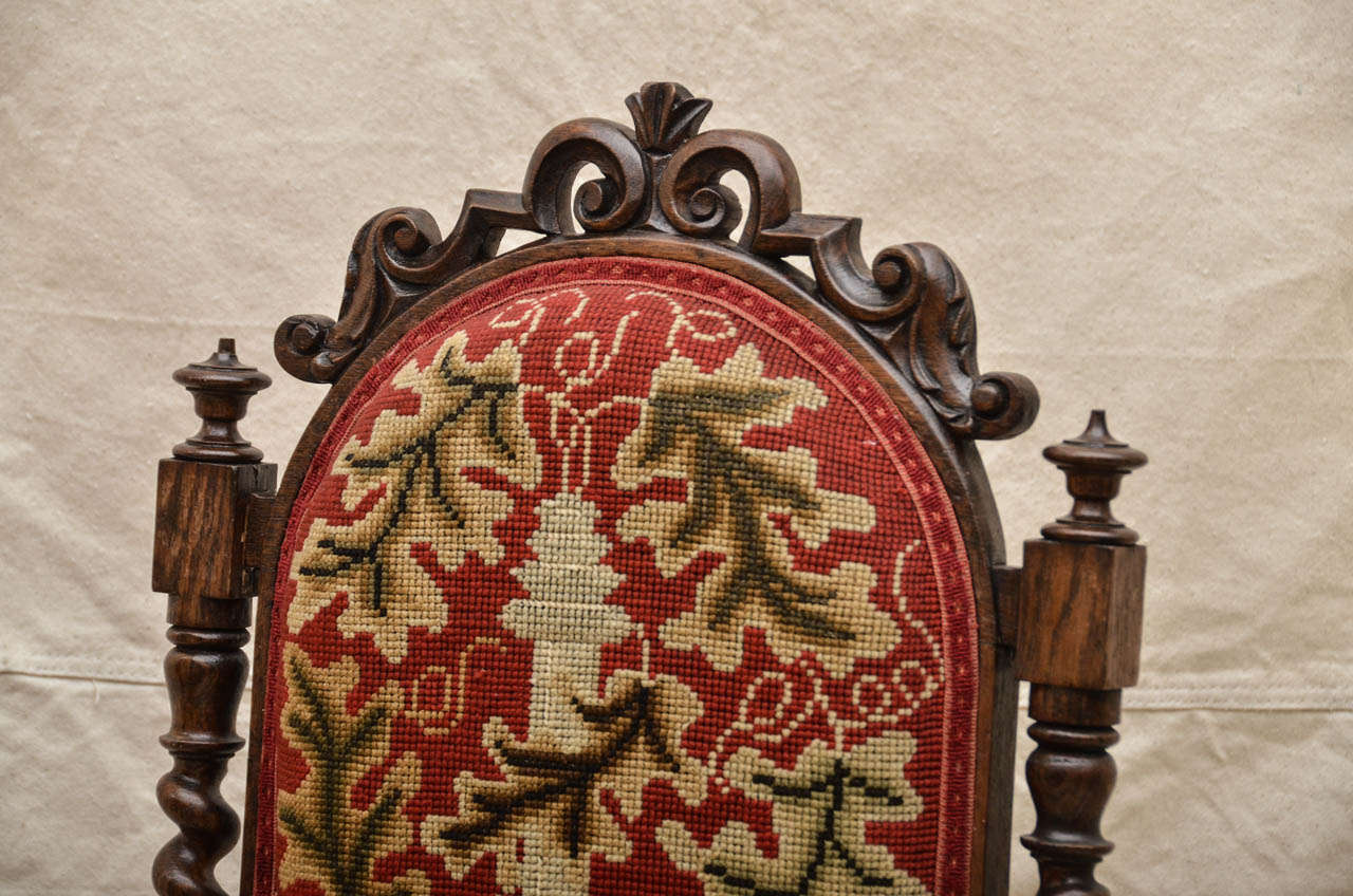 British 19th Century English Oak Tall-Back Needlepoint-Covered Accent Chair For Sale
