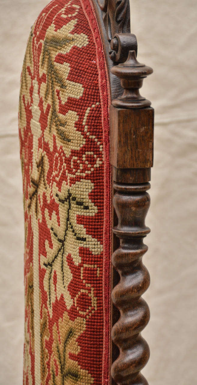 Carved 19th Century English Oak Tall-Back Needlepoint-Covered Accent Chair For Sale