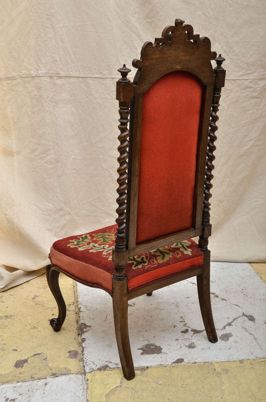 19th Century English Oak Tall-Back Needlepoint-Covered Accent Chair In Good Condition For Sale In Southampton, NY