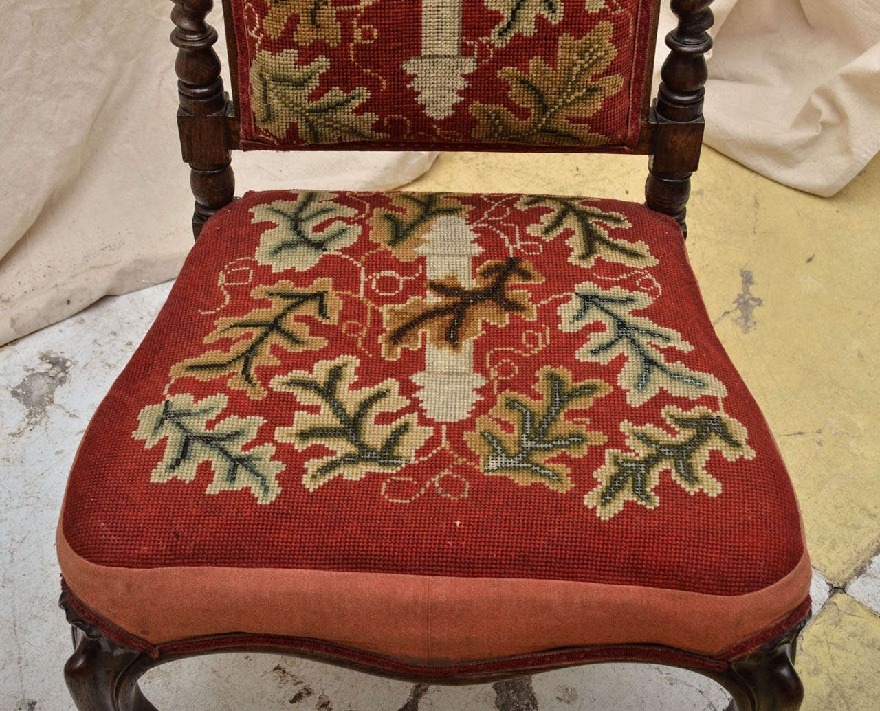 19th Century English Oak Tall-Back Needlepoint-Covered Accent Chair For Sale 1