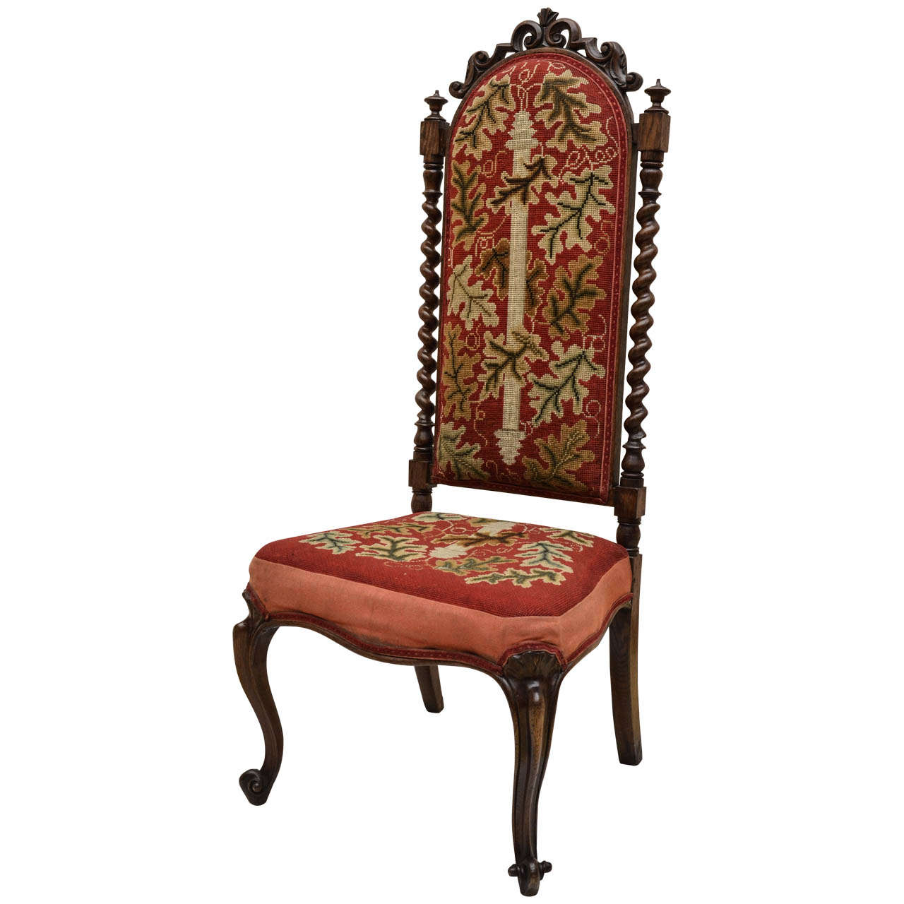 19th Century English Oak Tall-Back Needlepoint-Covered Accent Chair For Sale