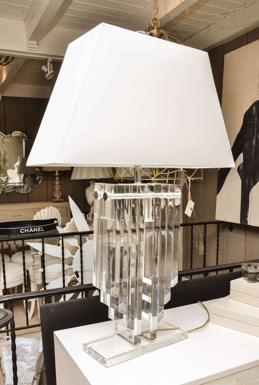 Incredible pair of vintage Lucite stack lamps with custom shades