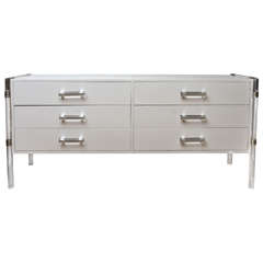 White Lacquer 6-Drawer Commode with Lucite Sides and Drawer Pulls